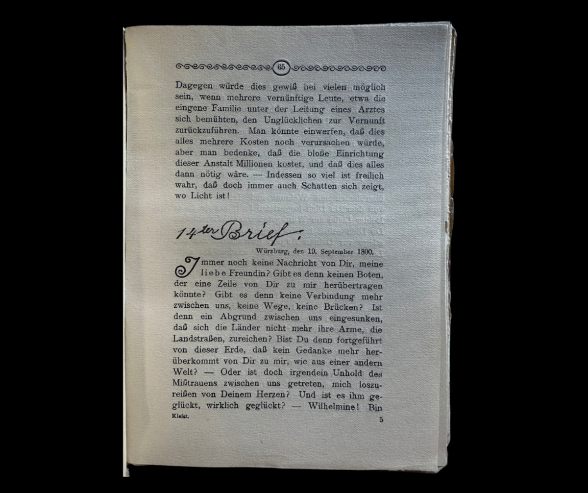 Heinrich v. Kleist an seine Braut. Liebesbriefe berühmter Männer und Frauen, Bd. 5. Wien, Leipzig: Wiener Verlag 1906, 1.–3. Tsd. Mit Grafiken von Bertold Löffler, S. 65. 
