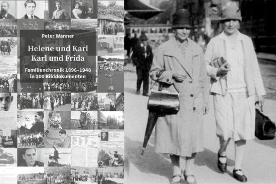 Bild-Collage: Links das Buchcover von Peter Wanners Buch "Helene und Karl, Karl und Frida". Rechts eine Schwarz-Weiß-Fotografie: Eine Alltags-Familienszene – Wanners Urgroßmutter Mathilde Wanner und ihre Tochter Klara auf der Heilbronner Kaiserstraße, auf dem Weg zum Bahnhof. 
